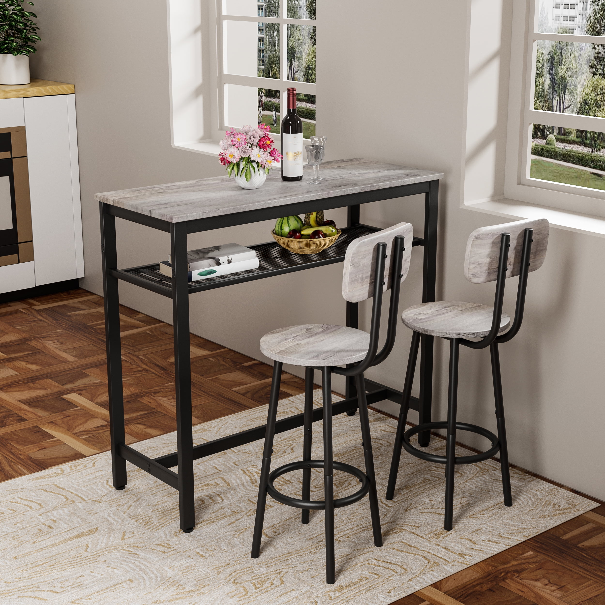 Demi Bonn Bar Table and Chairs Set of 3 with Metal Frame and Storage Rack, 39" Rectangular Pub Table with 2 Stools for Small Space, 3-Piece Breakfast Table Set, Gray