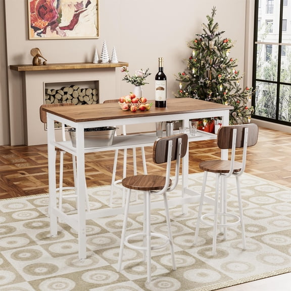 Demi Bonn Bar Table and Chairs Set of 5 with Metal Frame and Storage Rack, 43" Rectangular Pub Table with 4 Stools for Small Space, 5-Piece Breakfast Table Set, Brown