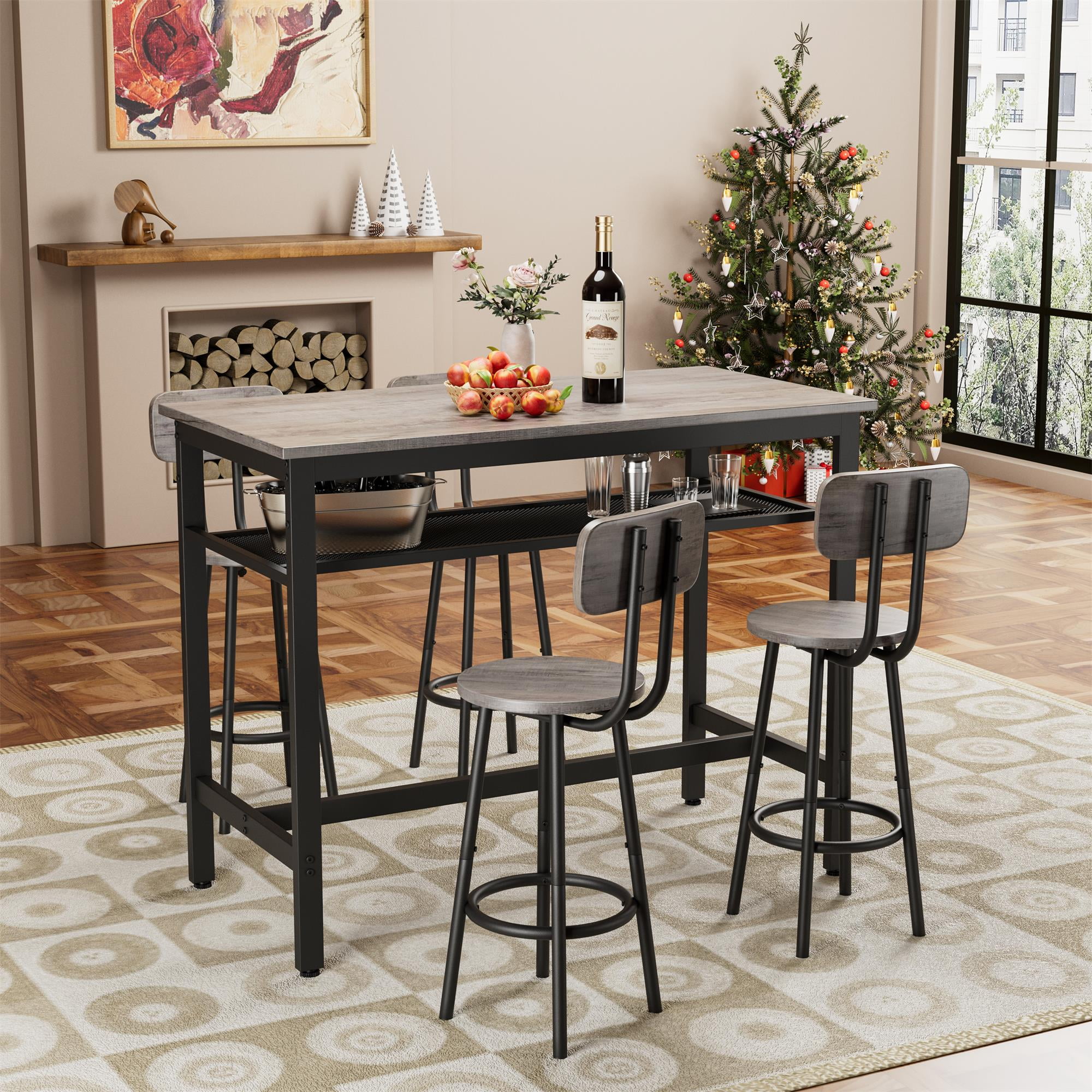 Demi Bonn Bar Table and Chairs Set of 5 with Metal Frame and Storage Rack, 43" Rectangular Pub Table with 4 Stools for Small Space, 5-Piece Breakfast Table Set, Gray