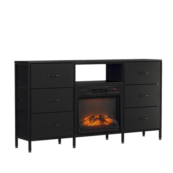 Demi Bonn Black Embossed Fireplace TV Stand - 18 - inch insert, iron - wood frame, 6 soft - closing fabric drawers, RGB lights. Durable and stylish, Black.