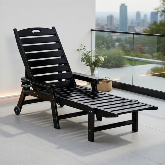 Demi Bonn Black HDPE Outdoor Chaise Lounge 4 Position Recline Backrest Built In Cup Holder Smooth Rolling Wheels 360 Lbs Patio Pool Deck Chair, White