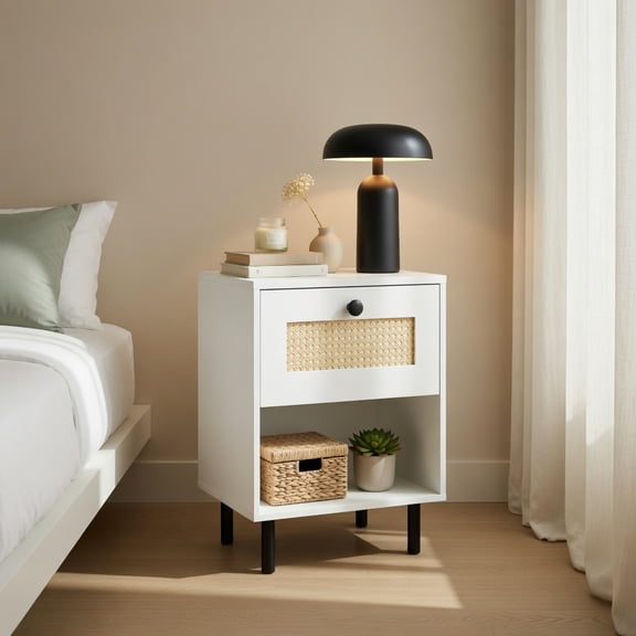 Demi Bonn Boho Rattan Nightstand, Drawer & Open Shelf, Thickened Board & Non-Slip Pads, Brown