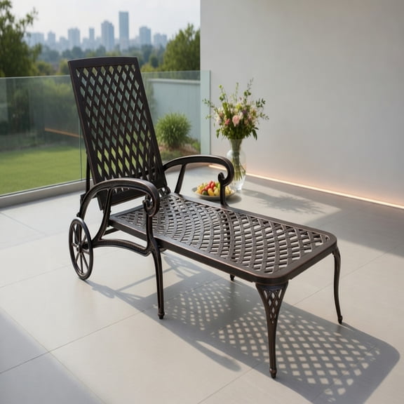 Demi Bonn Bronze Cast Aluminum Adjustable Reclining Chaise Lounge Cross Weave Surface Rolling Wheels Rust Resistant Outdoor Poolside Lounger, Brown