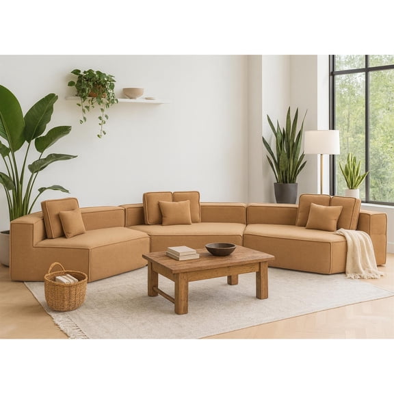 Demi Bonn Brown 181" Extra Large Teddy Sherpa Sofa, Modular, 9 Pillows Included, Vacuum-Compressed 72H Rebound, Flexible Layout, Spacious Rooms