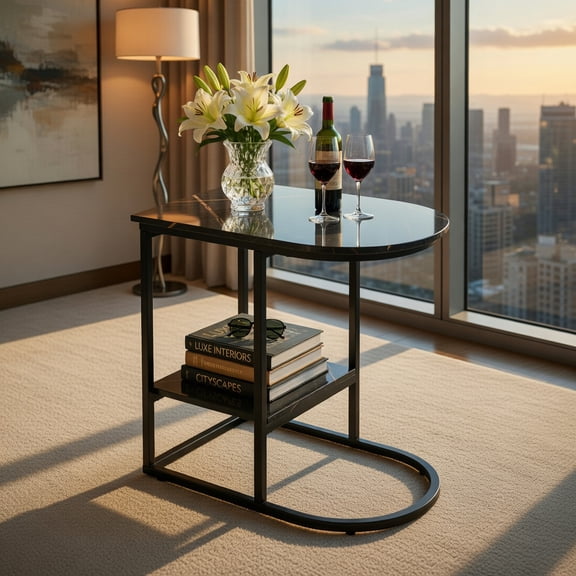 Demi Bonn C-Shaped Modern Side Table, Faux Marble Tabletop, 2-Tier Storage, Metal Frame, Black