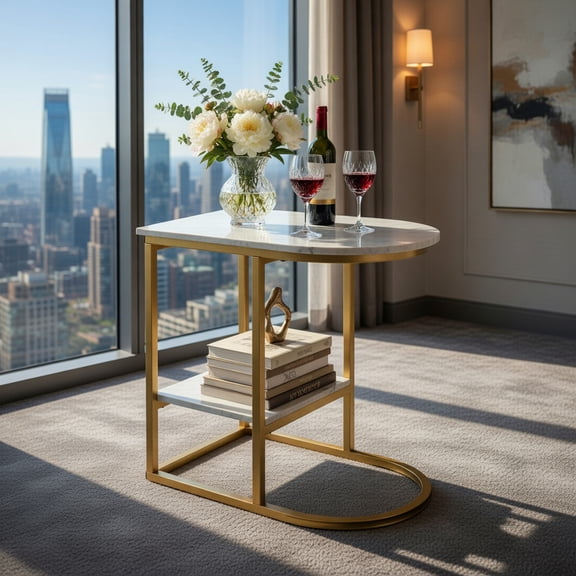 Demi Bonn C-Shaped Modern Side Table, Faux Marble Tabletop, 2-Tier Storage, Metal Frame, White
