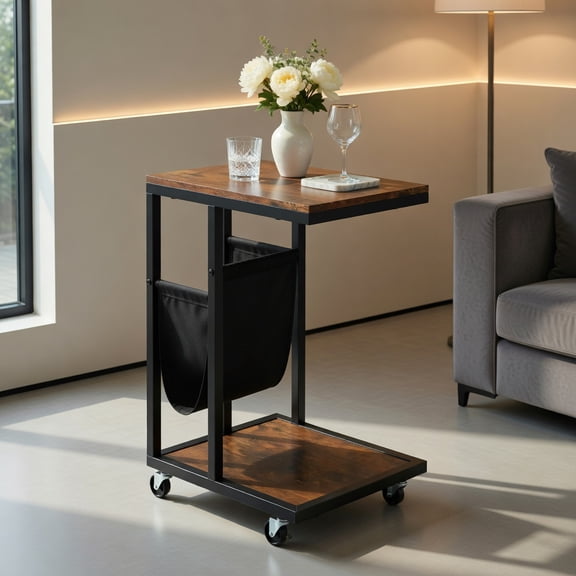 Demi Bonn C-Shaped Side Table, Canvas Storage Pouch, 4 Universal Casters, Metal Frame, Brown