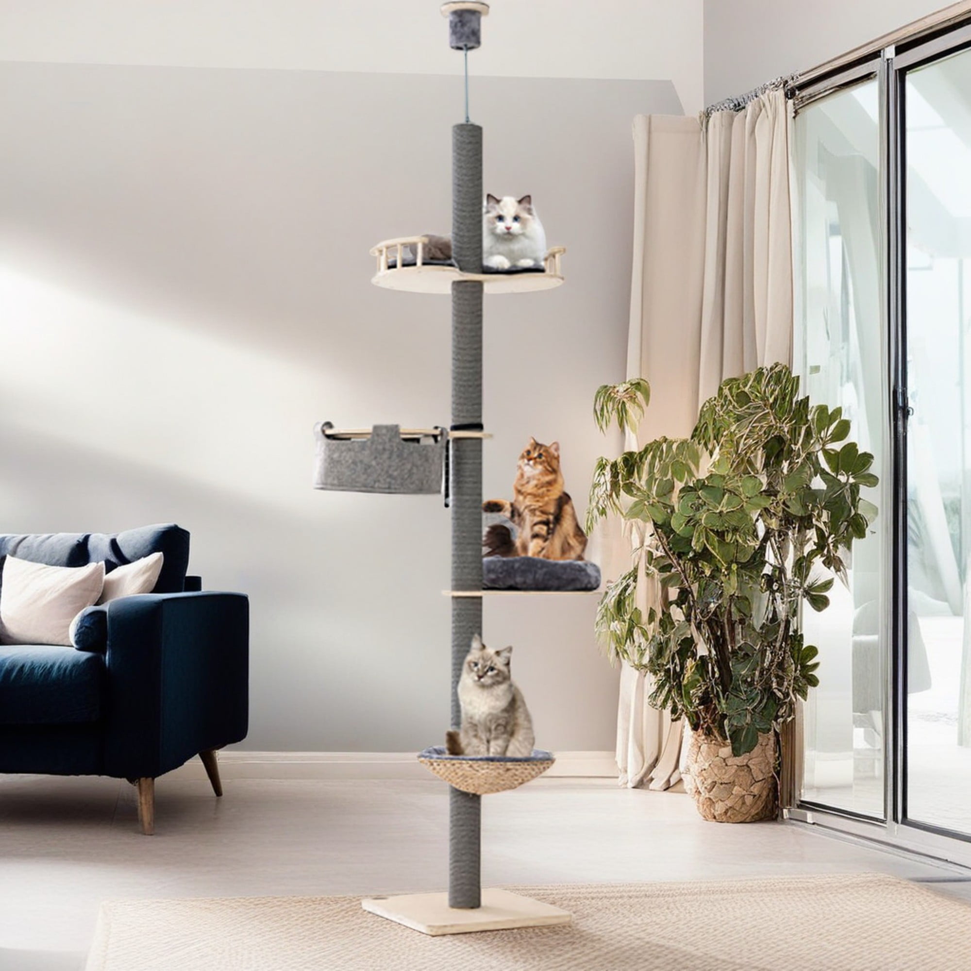 resenkos Cat Tree Tower 4-Tier Floor to Ceiling Height(93"-107") Adjustable, Tall Climbing Tree Featuring with Scratching Post for Indoor Kitten, Grey