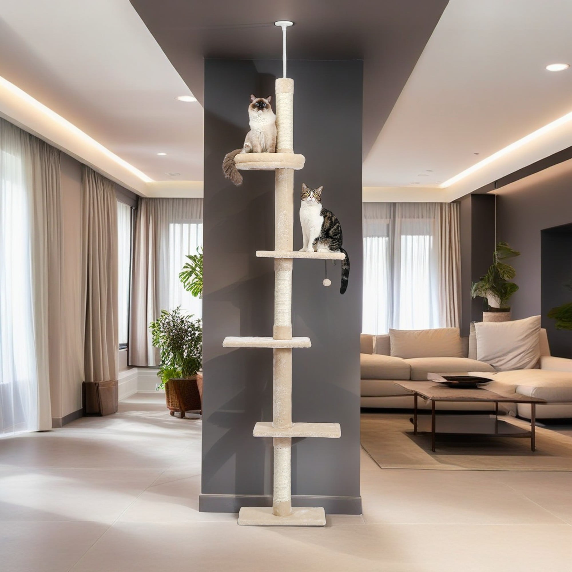 resenkos Cat Tree Tower Interactive Adjustable 90"-108" Tall, 5-Tier Floor to Ceiling Cat Tower for Indoor Cats, Beige