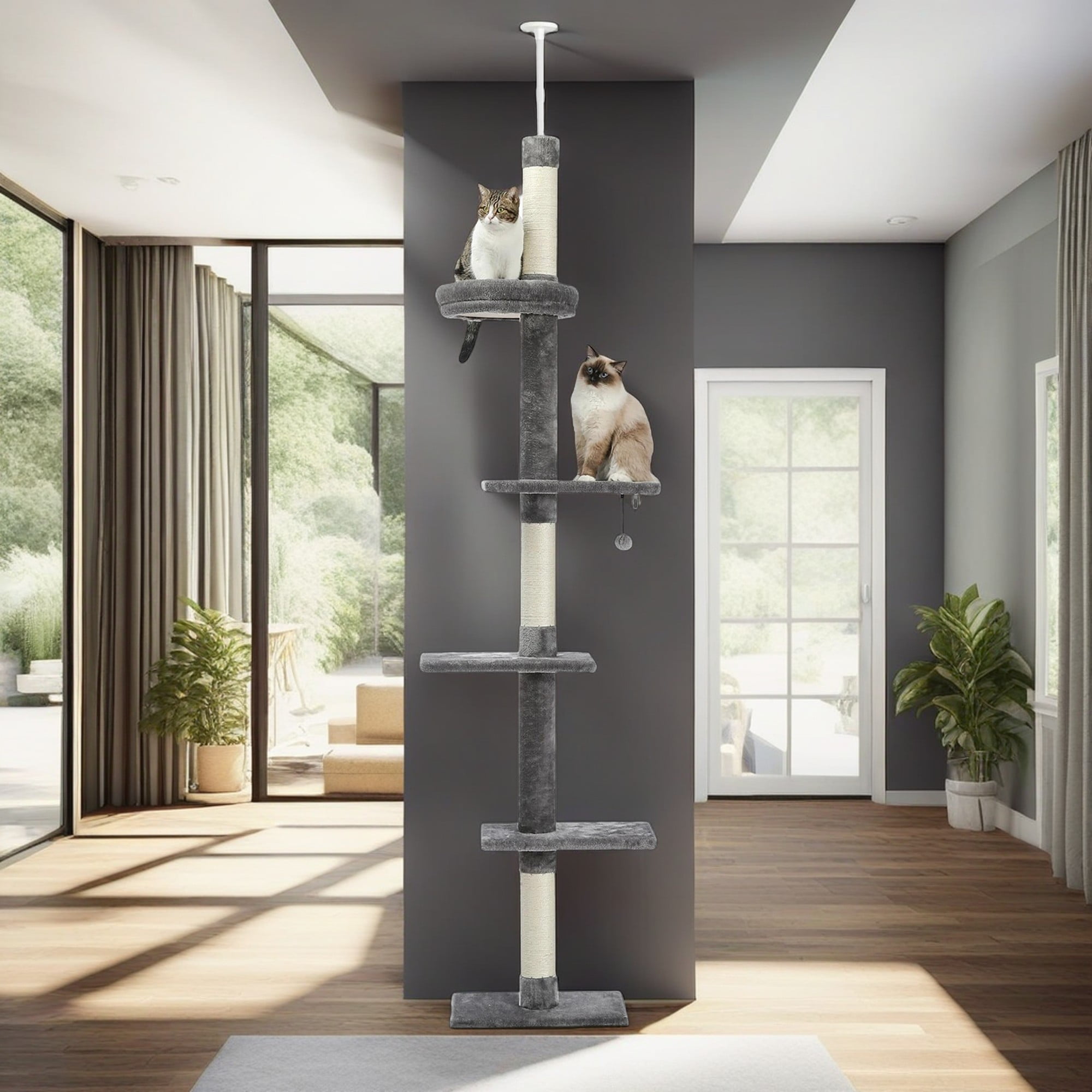 Kadyn Cat Tree Tower Interactive Adjustable 90"-108" Tall, 5-Tier Floor to Ceiling Cat Tower for Indoor Cats, Gray