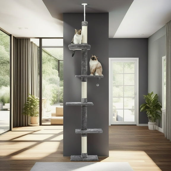 Demi Bonn Cat Tree Tower Interactive Adjustable 90"-108" Tall, 5-Tier Floor to Ceiling Cat Tower for Indoor Cats, Gray