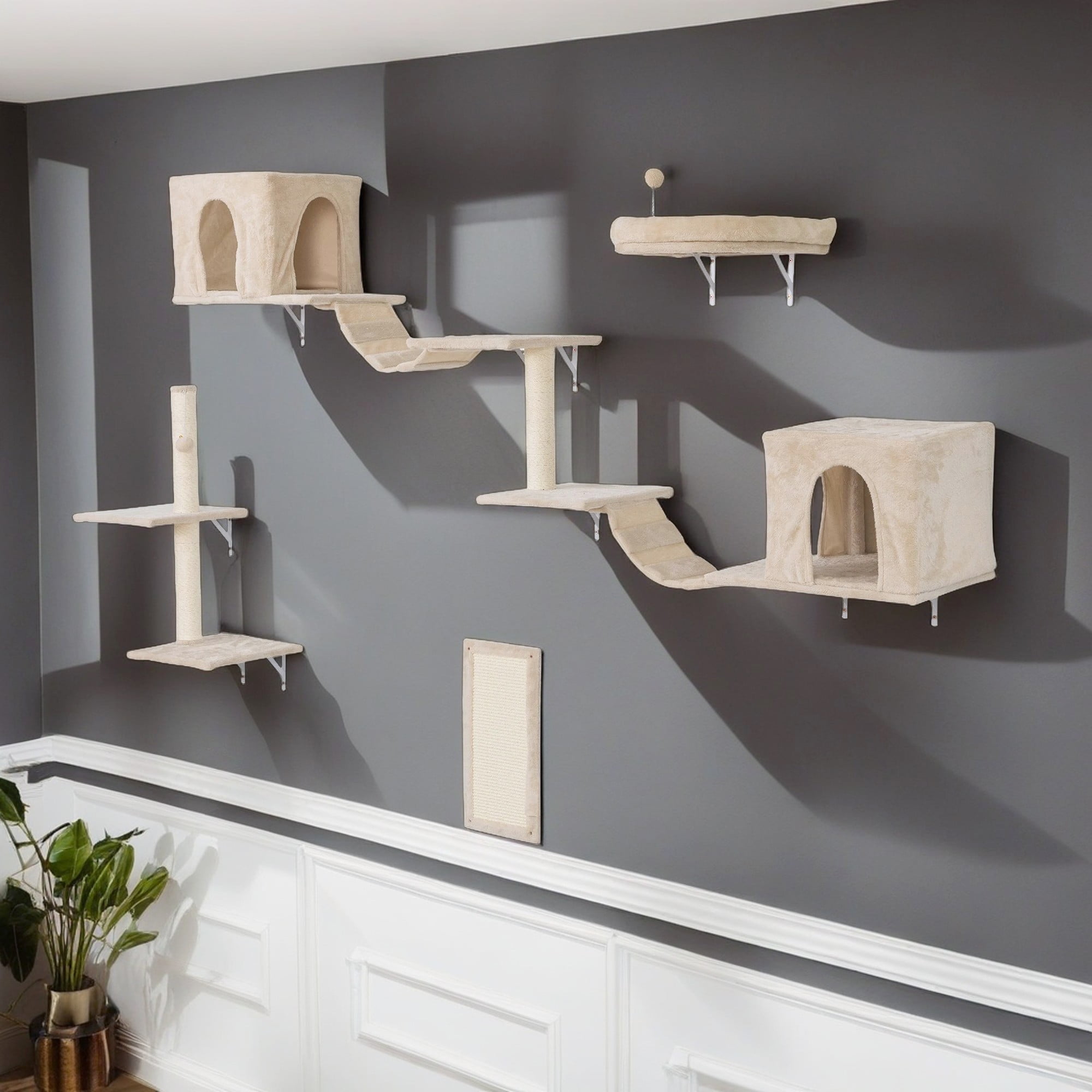 resenkos Cat Wall Shelves and Perches Set for 6, Cat Tree House for Indoor Cats, Modern Furniture for Cat Sleeping Playing Lounging Climbing Cat Condos, Beige