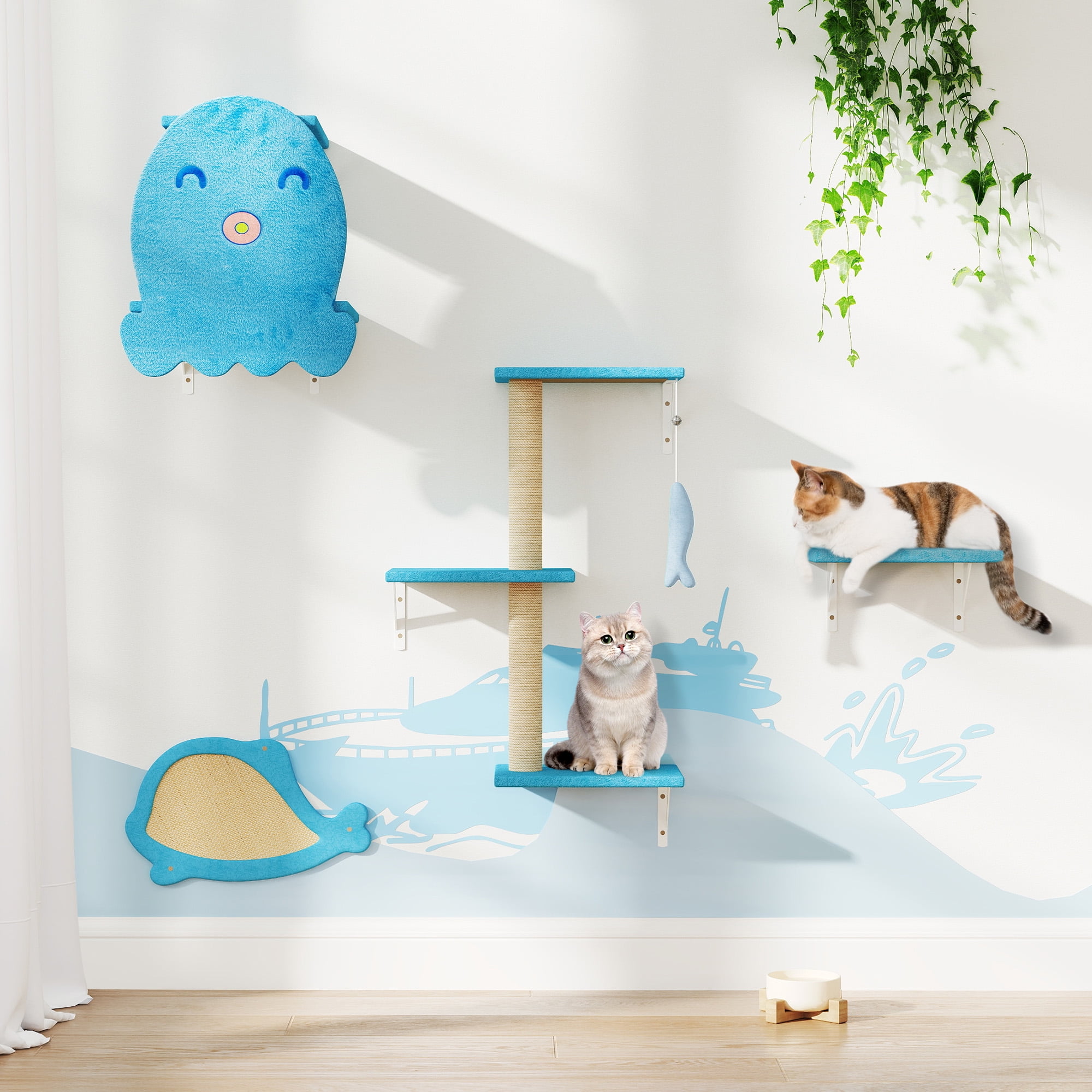 Cat Wall Furniture，Sturdy&Safe 4 in 1 Cat Wall Shelves,Fashion Unique Wooden Cat Climber with Cat House，Scratching Board & Cat Tree（Ocean Blue）