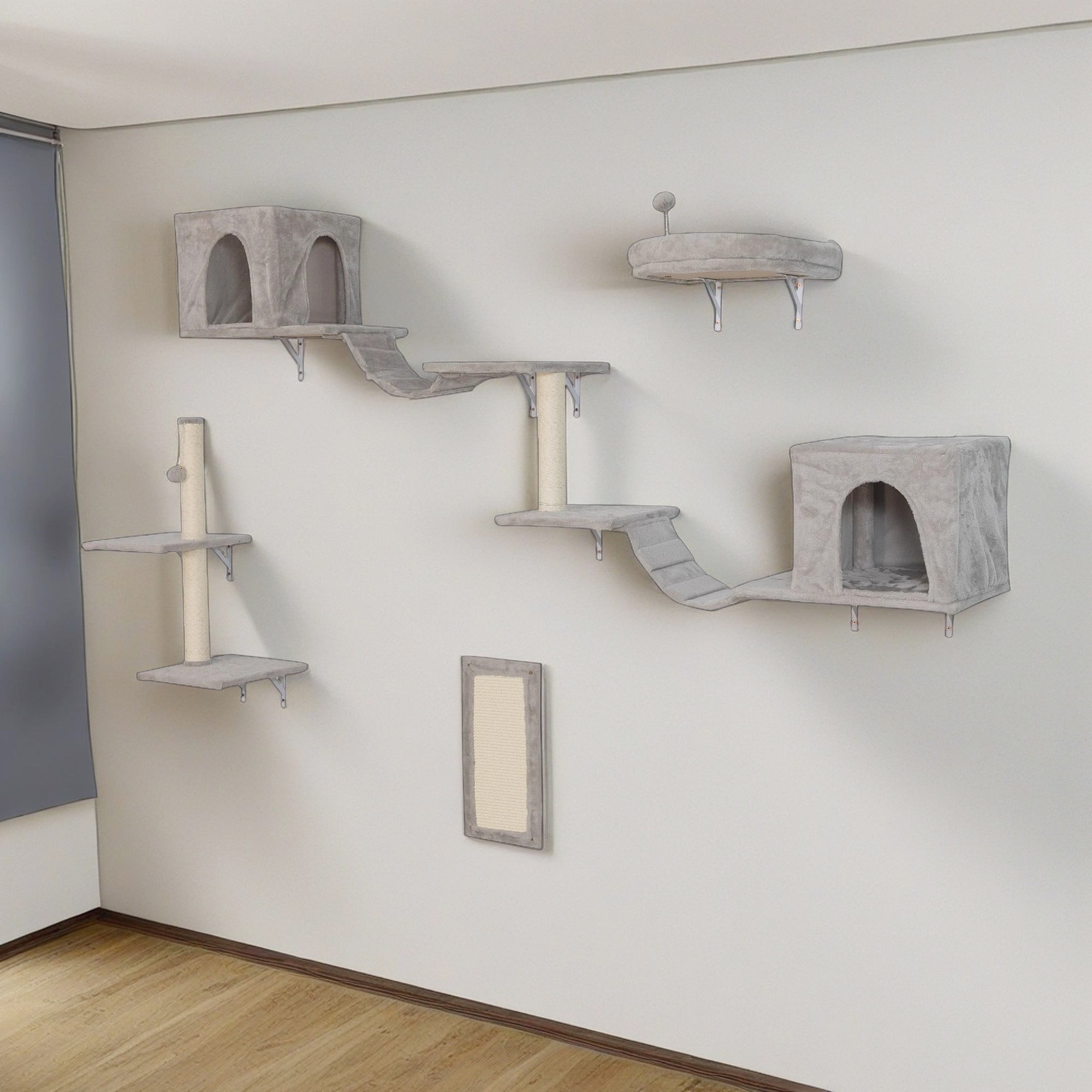 Kadyn Cat Wall Shelves and Perches Set for 6, Cat Tree House for Indoor Cats, Modern Furniture for Cat Sleeping Playing Lounging Climbing Cat Condos, Light Gray
