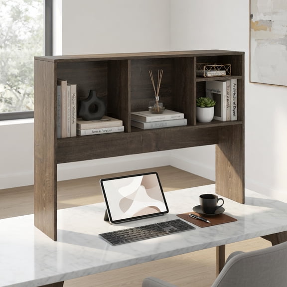 Demi Bonn Computer Desktop Bookcase, 4 Cubbies, Open-Back Compartment, Anti-Tipping, Reinforced Crossbars, Gray