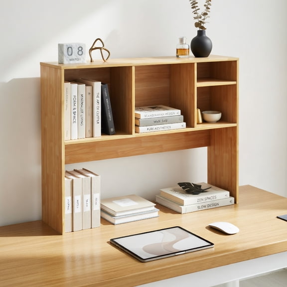 Demi Bonn Computer Desktop Bookcase with 4 Cubbies and Open Back Compartment, Under-Desk Storage for Home Office, Beige