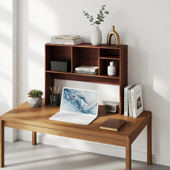 Demi Bonn Computer Desktop Bookcase with 4 Cubbies and Open Back Compartment, Under-Desk Storage for Home Office, Walnut
