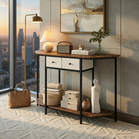 Demi Bonn Console Table with 2 Folding Drawers Open Storage Shelf Polygonal Tabletop Metal Frame Adjustable Foot Pads Waterproof Surface for Entryway Living Room, Rustic Brown