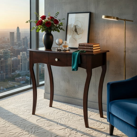 Demi Bonn Console Table with Drawer, Solid Wood Frame & Rubber Wood Legs, Espresso Brown