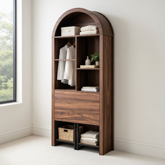 Demi Bonn Convertible Folding Desk with Storage Shelves, Space-Saving Hideaway Desk, Disappearing Craft Table & Vanity Desk for Small Spaces, Walnut