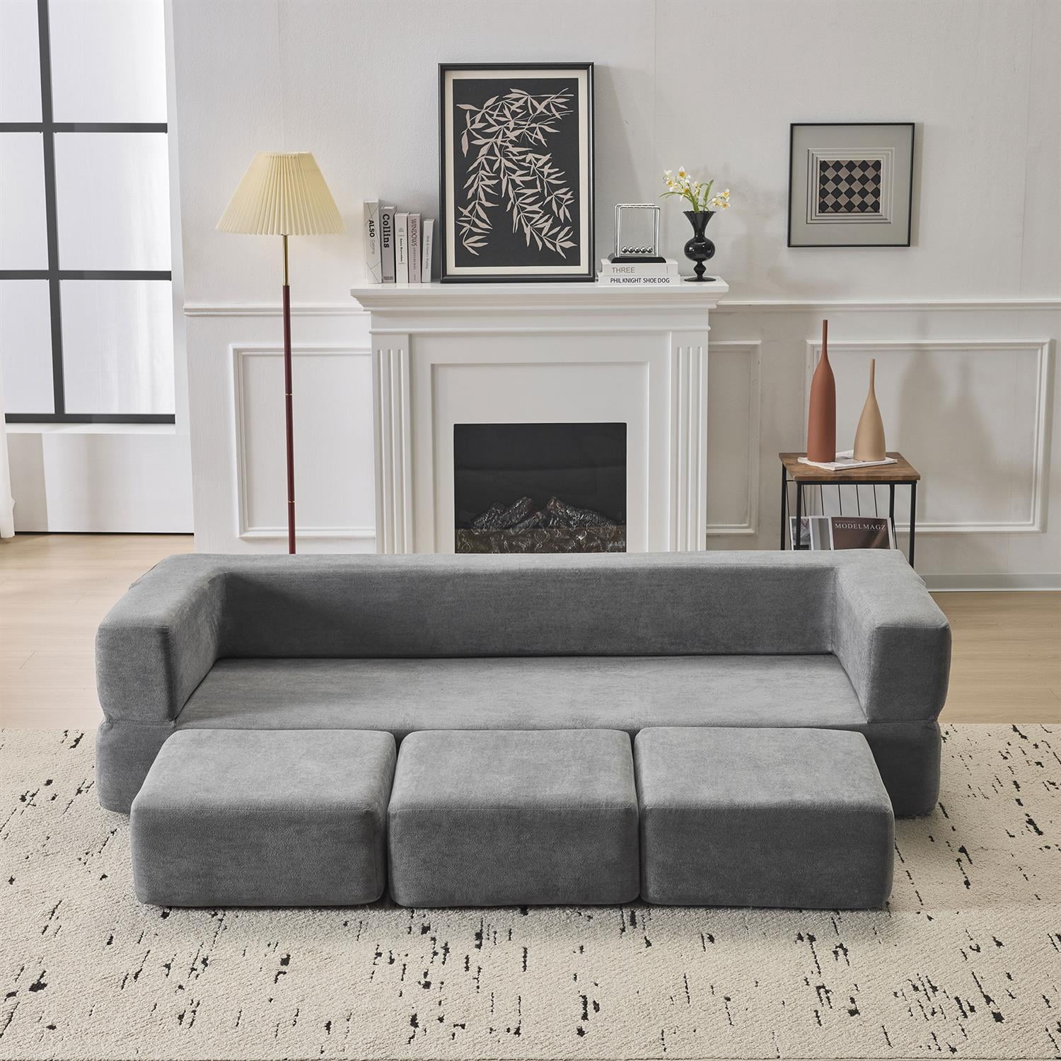 Demi Bonn Convertible Sectional Sofa with 3 Storage Ottomans, Space-Saving Chenille Couch, High-Resilience Foam for Studio Apartments & Home Offices, Gray