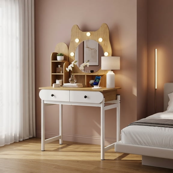 Demi Bonn Cute Kitty Small Vanity Desk, 3 Light Modes Adjustable Brightness, Charging Port 3 Shelves 2 Drawers, Natural & White