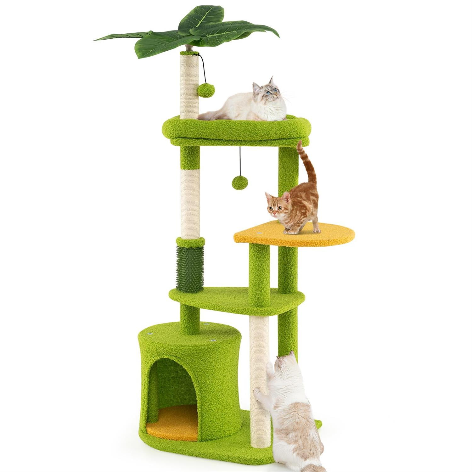 Pefilos Cute Multi-Level Cat Tree for Adult Cats, Top Perch & Condo, Self-Groomer & Sisal Posts, Green