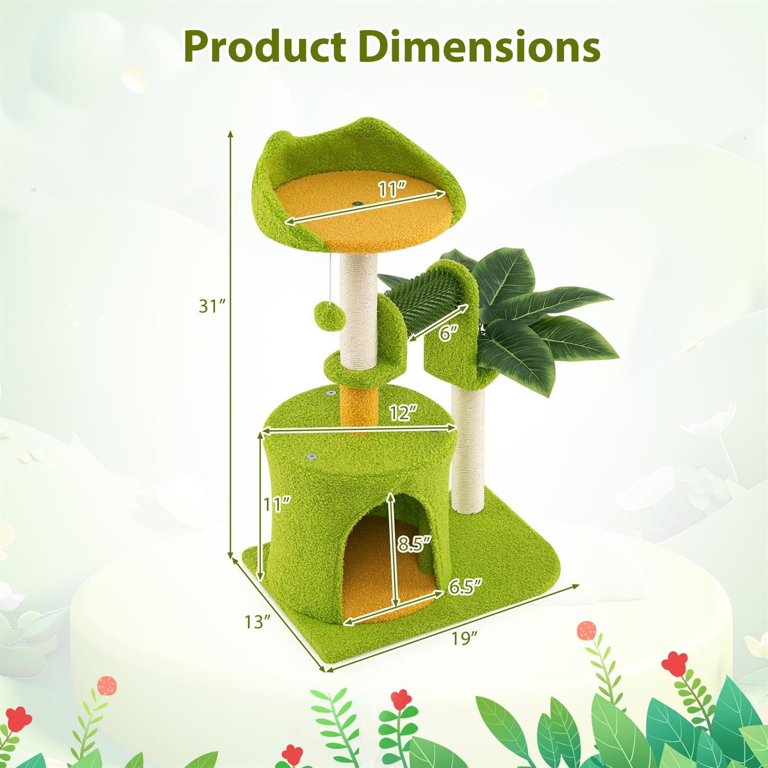 Pefilos Cute Palm Cat Tree for Indoor Cats, Artificial Leaves & Sisal Scratching Posts, Ear-shaped Perch, Green