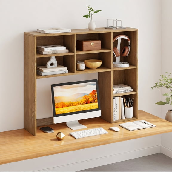 Demi Bonn Desktop Bookshelf 7 Open Cubbies 3 Adjustable Shelves Fits 27 Inch Monitor Anti-Tipping Desk Organizer for Home Office Study Vanity, Natural