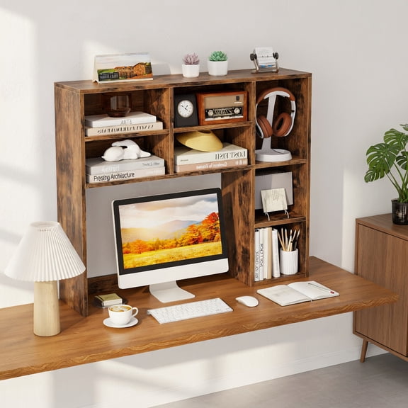 Demi Bonn Desktop Bookshelf 7 Open Cubbies 3 Adjustable Shelves Fits 27 Inch Monitor Anti-Tipping Desk Organizer for Home Office Study Vanity, Brown
