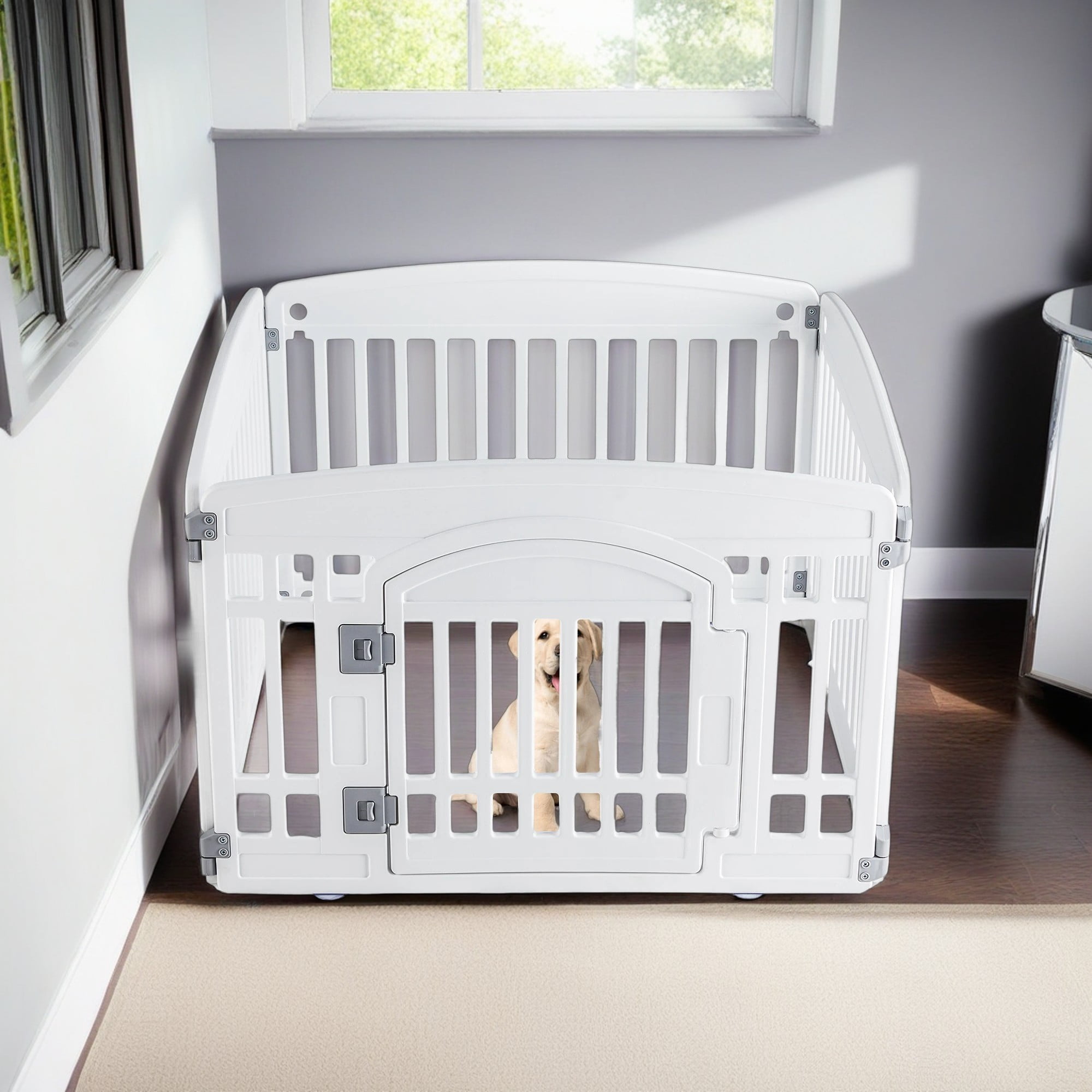 Demi Bonn Dog Playpen, 4-Panel 24" Pet Playpen, Puppy Playpen, Indoor/Outdoor Dog Pen, Foldable Pet Exercise Pen, White
