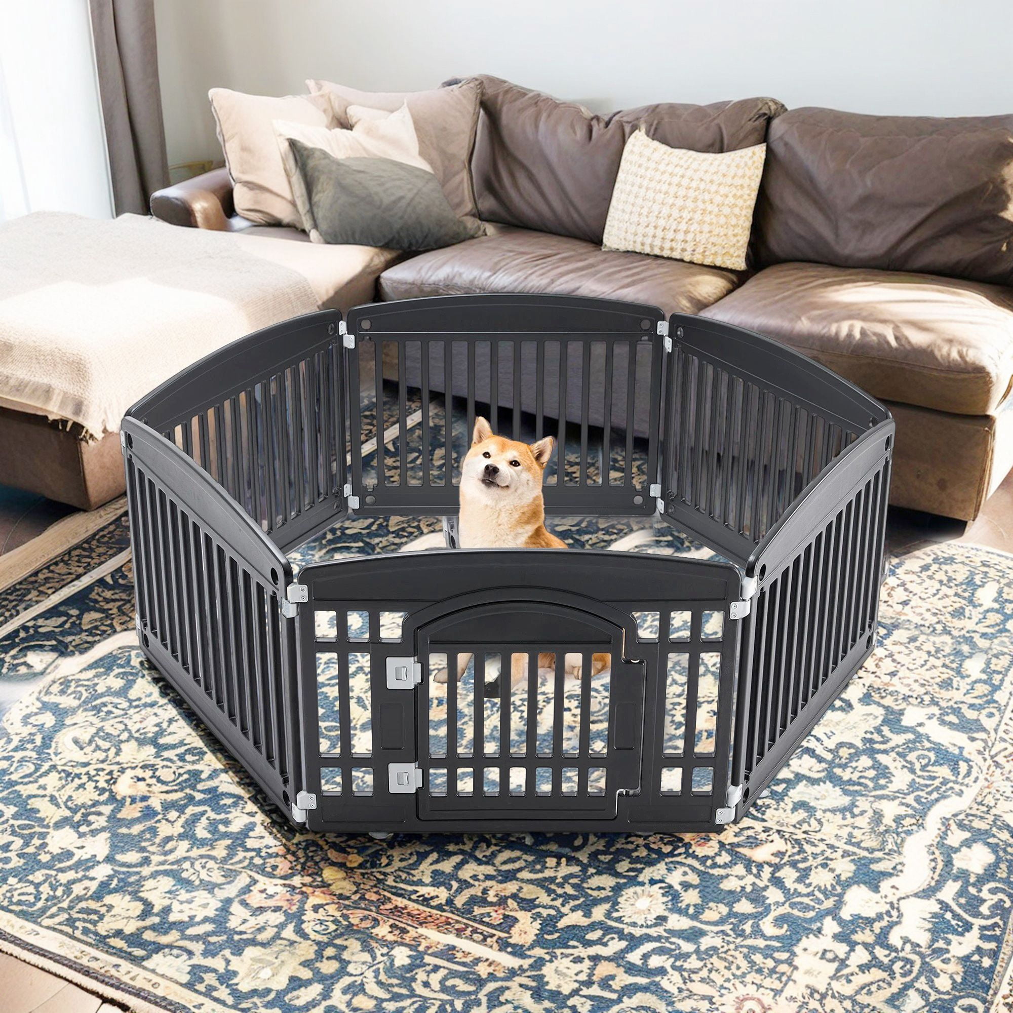 Demi Bonn Dog Playpen, 6-Panel 24" Pet Playpen, Puppy Playpen, Indoor/Outdoor Dog Pen, Foldable Pet Exercise Pen, Black