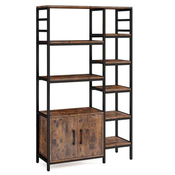 Demi Bonn Double Wide 8-Tier Bookshelf, 2-Door Cabinet, Reinforced Structure, Soft Close Hinges, Living Room Home Office, Rustic Brown