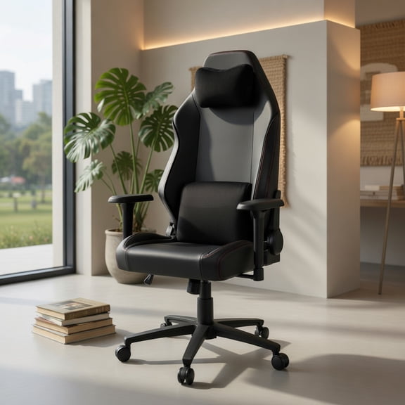Demi Bonn Ergonomic High Back Computer Chair Magnetic Headrest Lumbar Pillow Adjustable Swivel Rocking Function PVC Leather Gaming Chair for Home Office, Black