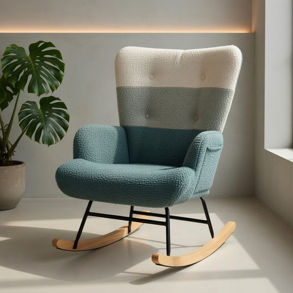 Demi Bonn Ergonomic Nursery Rocking Chair - Boucle Fabric, Rubber Wood Base, Side Pockets, Turquoise & White