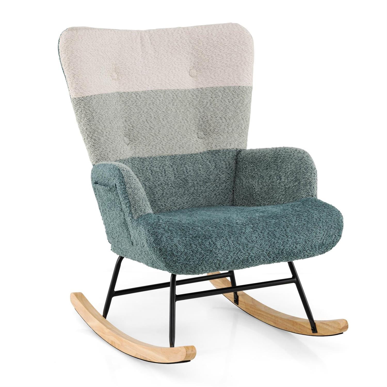 Demi Bonn Ergonomic Nursery Rocking Chair - Boucle Fabric, Rubber Wood Base, Side Pockets, Turquoise & White