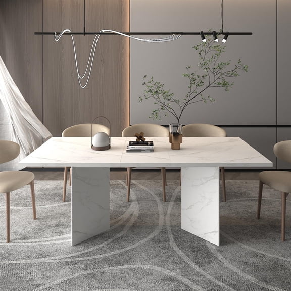 Demi Bonn Extendable Dining Room Table, Modern Faux Marble, for 6 - 10, White