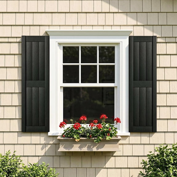 Demi Bonn Exterior Window Shutters - Vertical stripes, Weather-Resistant Polypropylene, Easy DIY Install - Louver Shutters for Windows Outside, Vinyl, Brick, 14"W*31" H, Black