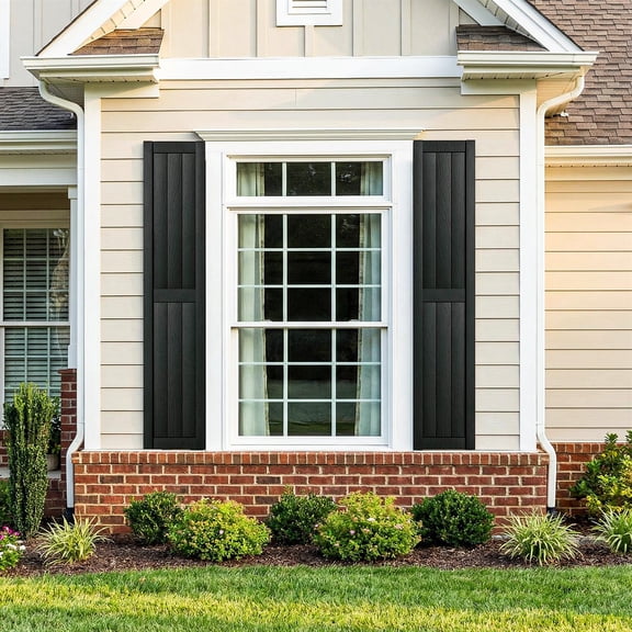 Demi Bonn Exterior Window Shutters - Vertical stripes, Weather-Resistant Polypropylene, Easy DIY Install - Louver Shutters for Windows Outside, Vinyl, Brick, 14"W*59" H, Black