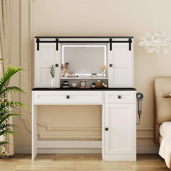 Demi Bonn Farmhouse 43" Wide Dressing Table Makeup Vanity with Lighted Mirror Drawer & Hair Dryer Holder, Large Modern Vanity Set for Bedroom, White