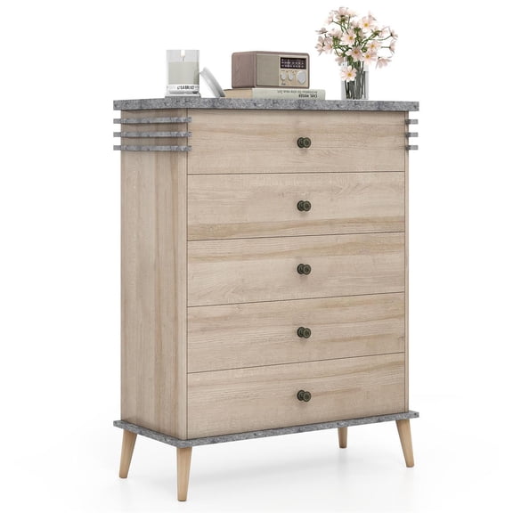 Demi Bonn Farmhouse 5-Drawer Tall Dresser, Engineered Wood & Metal Frame, Anti-Toppling Storage Organizer, Antique Gray & Natural