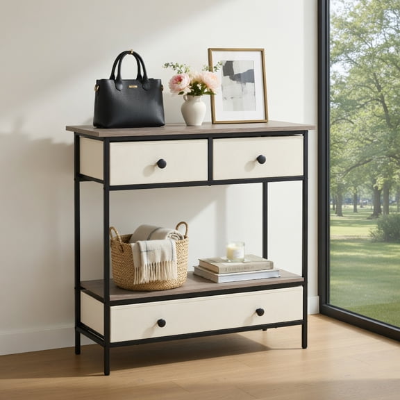 Demi Bonn Farmhouse Console Table Open Storage Shelf 3 Pull-Out Drawers Heavy-Duty Metal Construction Reinforced Support Bars Adjustable Foot Pads 2 Anti-Tipping Kits, Gray and Beige