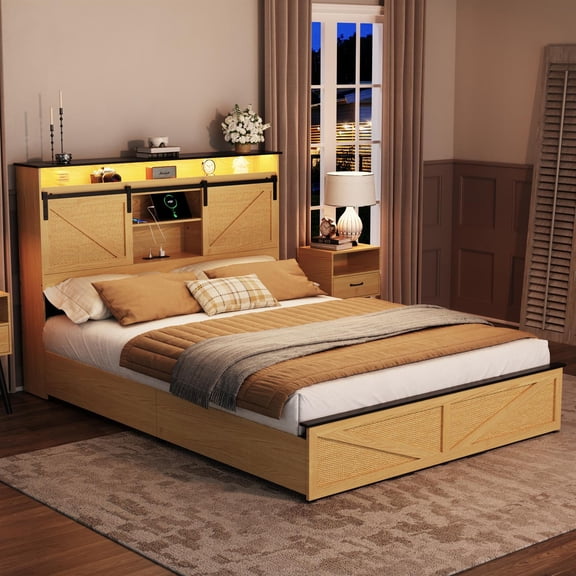 Demi Bonn Farmhouse Full Size Bed Frame, Storage Headboard Drawers, Charging Station & LED Lights, Natural