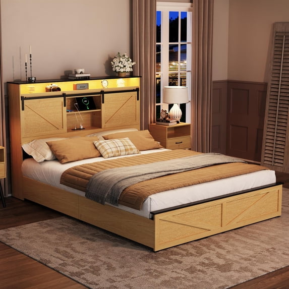 Demi Bonn Farmhouse Queen Size Bed Frame, Storage Headboard Drawers, Charging Station & LED Lights, Natural