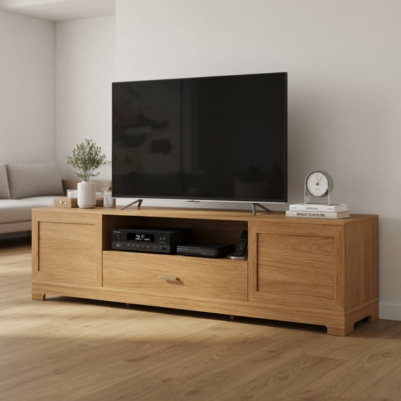 Demi Bonn Farmhouse Rustic TV Stand for TVs up to 80 Inch, Natural Wood Finish Engineered Wood Media Console with Cabinets, Drawer & Cable Management, Brown
