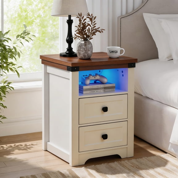 Demi Bonn Farmhouse Side Table with Charging Station, Drawers, Open Shelf, Bedside Table, Bedroom, White