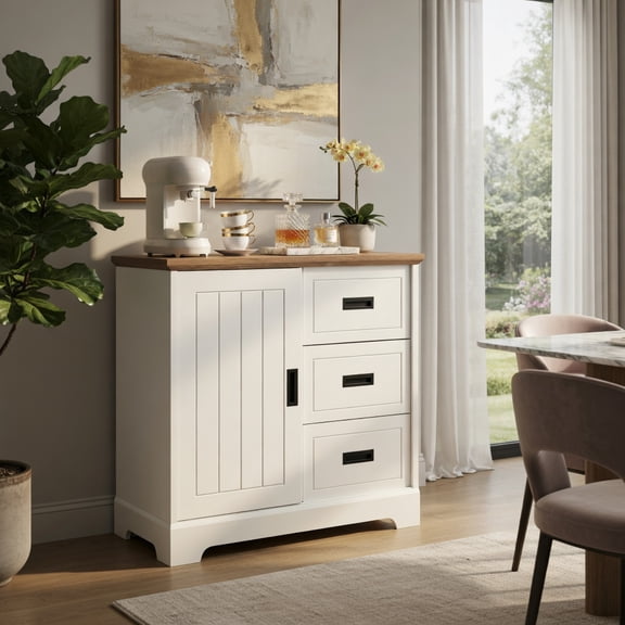 Demi Bonn Farmhouse Sideboard Cabinet,Sliding Doors 3 Deep Drawers,Anti-Tip Thickened Base,White