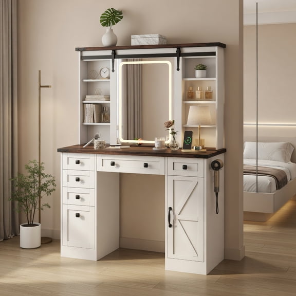 Demi Bonn Farmhouse Vanity Desk, Barn-Style Sliding Mirror 3 Light Modes, 1 Cabinet 6 Drawers 9 Shelves Charging Port, White