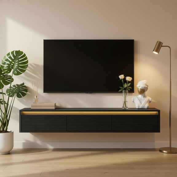 Demi Bonn Floating TV Stand with Touch-Sensitive LED Lighting, Built-in Power Strip (3 AC Outlets + 2 USB), Fluted Wood Wall-Mounted Entertainment Center for Living Room, Black