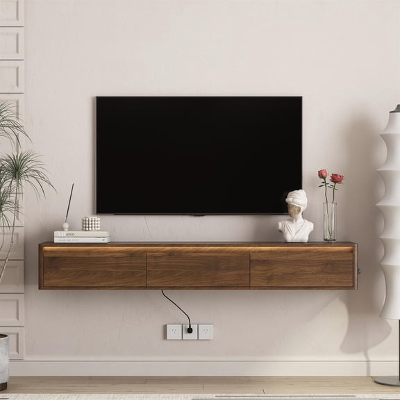 Demi Bonn Floating TV Stand - Wall - Mounted, LED Lights, Power Outlet, High - Gloss, Wood